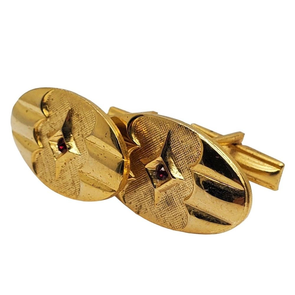 Oval Gold Tone Cufflinks Red Glass‎ Rhinestone Stone MCM Vintage Suit Accessory